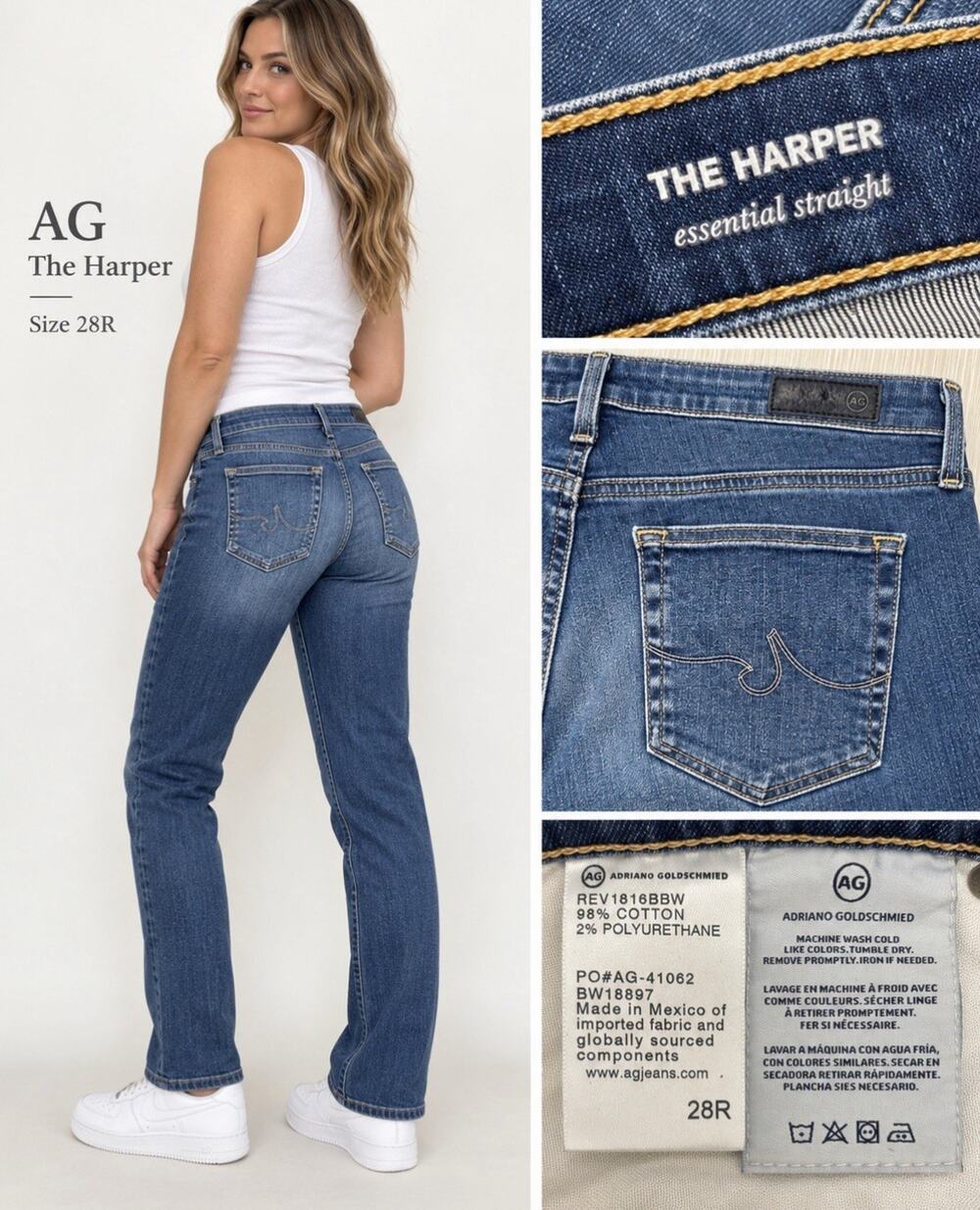 AG The Harper Straight Leg Jeans Size 28R Medium Wash Indigo Denim Stretch